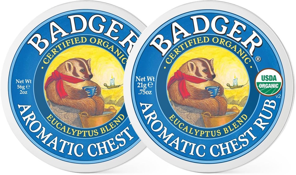 Badger - Aromatic Chest Rub, Eucalyptus & Mint, Certified Organic, Soothing Vapor Rub with Eucalyptus Essential Oils, Baby Chest Rub, Vapor Rub Ointment, 0.75 oz - 2-Pack