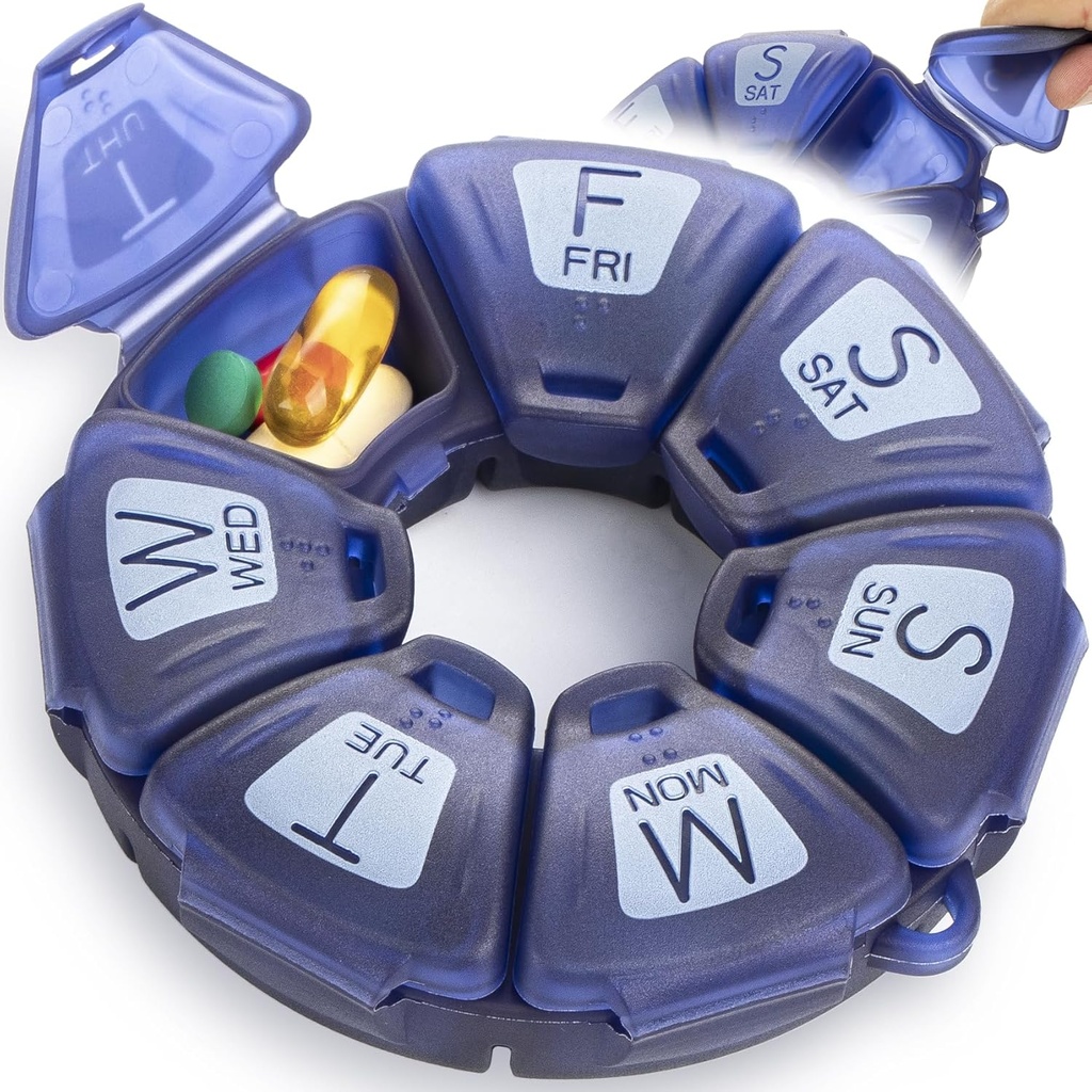 Round Weekly Pill Organizer, TPU Rubberized, Travel Pill Container 7 Ημέρα, με 7 μεγάλα διαμερίσματα, μεγάλη για την καθημερινή βιταμίνες & συμπληρώματα, χαριτωμένο θήκη χάπι με μεγάλα γράμματα και Braille (μπλε)