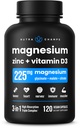 NutraChamps Magnesium Zinc & Vitamin D3 Supplement - Οι περισσότερες βιοδιαθέσιμες μορφές; Μαγνήσιο Γλυκινικό, Μηλεϊνικό, Κιτρικό - Οστική, Μυική & Καρδιακή Υγεία, Ανοσοποιητική Υποστήριξη - 120 Vegan Κάψουλες