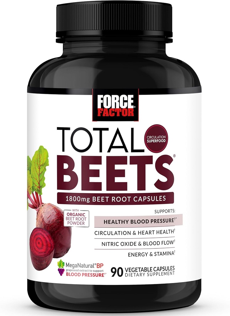 Force Factor Total Beets Υποστήριξη της Πίεσης του αίματος Κάψουλες ρίζας τεύτλων, 1800mg Βιολογικό συμπλήρωμα σκόνης ρίζας τεύτλων με το μούρο Hawthorn για την υποστήριξη της κυκλοφορίας και της ροής του αίματος, 90 κάψουλες λαχανικών