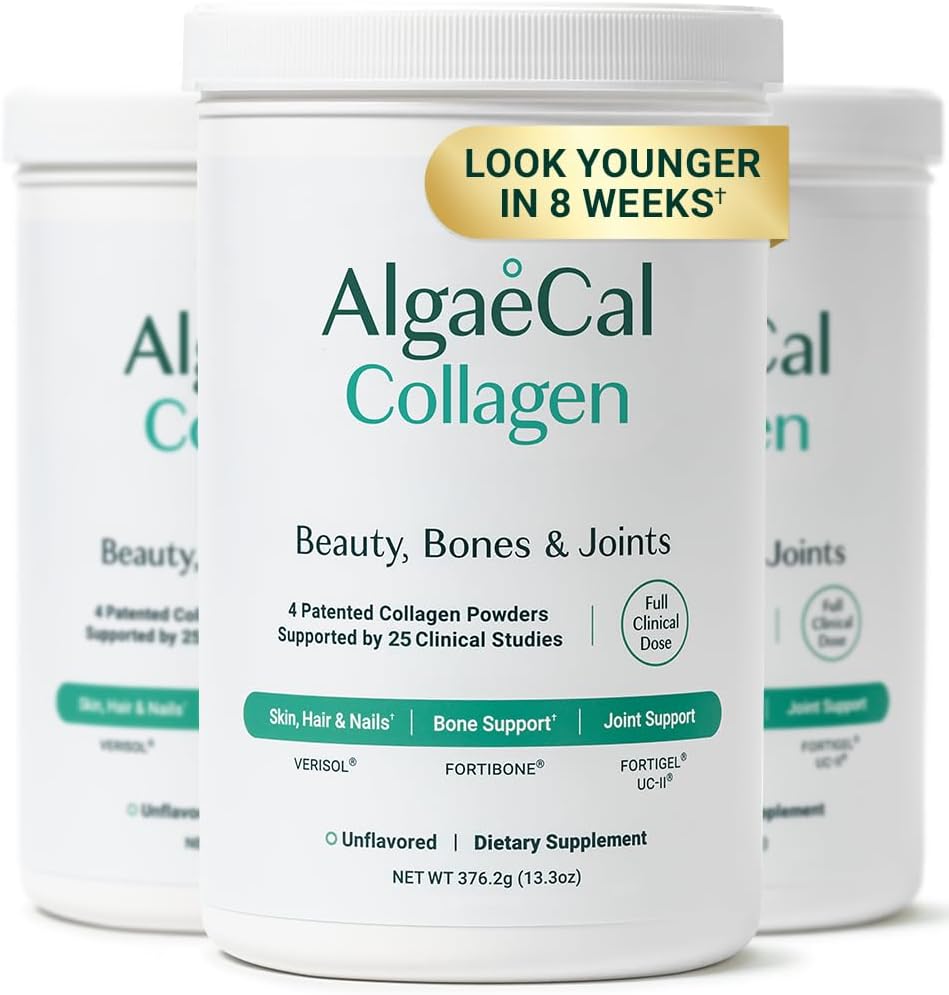 ALGAECAL Collagen - 4 Clinically-Supported Peptides VERISOL®, FORTIGEL®, UC-II®, FORTIBONE®, Anti-Aging Hydrolyzed Collagen Powder, 3 Packs, Made in USA