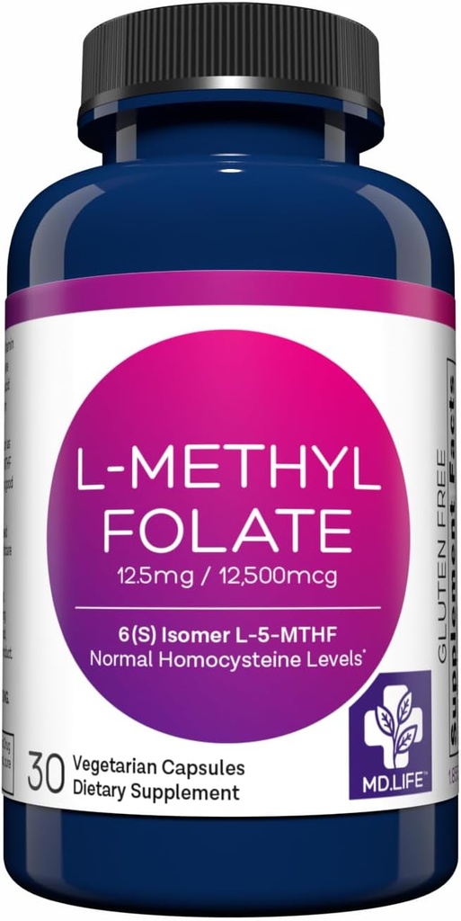 MD Life L- Methylfolate 12, 5 mg συμπλήρωμα - Επαγγελματικό- Grade Active L Methylfolate συμπλήρωμα - 30 κάψουλες - L- Methylfolate 12, 5 mg - Μέγιστη ισχύς MTHFR W/ Essential Amino Acids