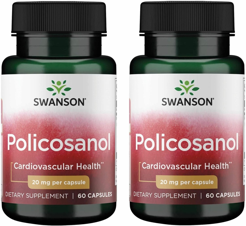 Swanson Policosanol - Supplement Helps Support Cardiovascular Health - All Natural Formula Aids Good Heart Health & Function - Helps Maintain Healthy Cholesterol Levels (60 Capsules, 20mg each) 2 Pack