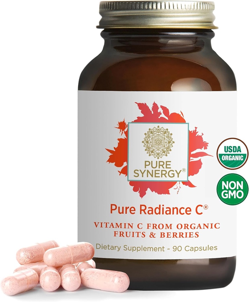 PURE SYNERGY Pure Radiance C – Κάψουλες Βιολογικής Βιταμίνης C 100% Συμπληρώματα Τροφίμων, Μη ΓΤΟ, Camu Camu Extract με Φυσικό Ανοσοποιητικό & Κολλαγόνο Υποστήριξη – 90 Κάψουλες
