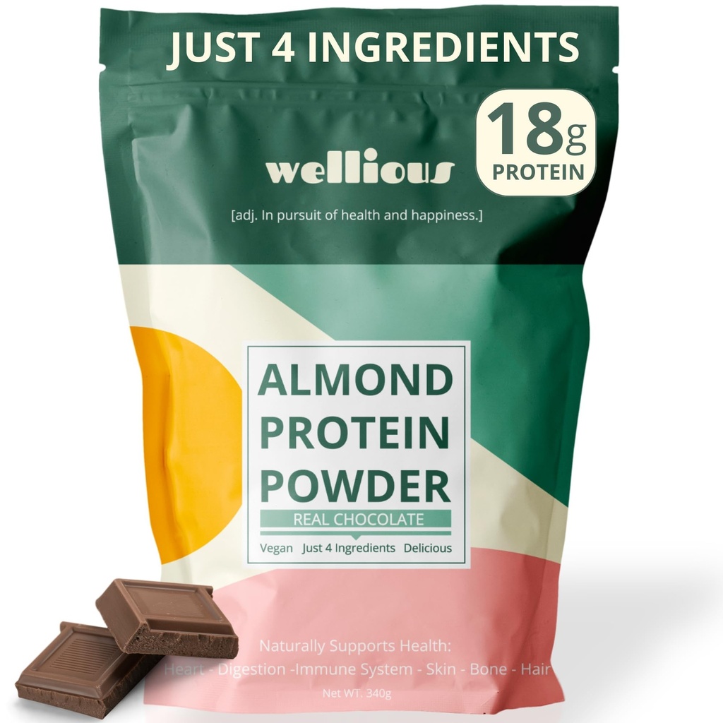 Wellious Almond Protein Powder (Chocolate) - 18 γραμμάρια καθαρής υγιέστερης πρωτεΐνης Vegan για γυναίκες & άνδρες - τέλεια γλουτένη-ελεύθερος, χωρίς σόγια και λεία σκόνη φιλικής πρωτεΐνης για σπορ διατροφή
