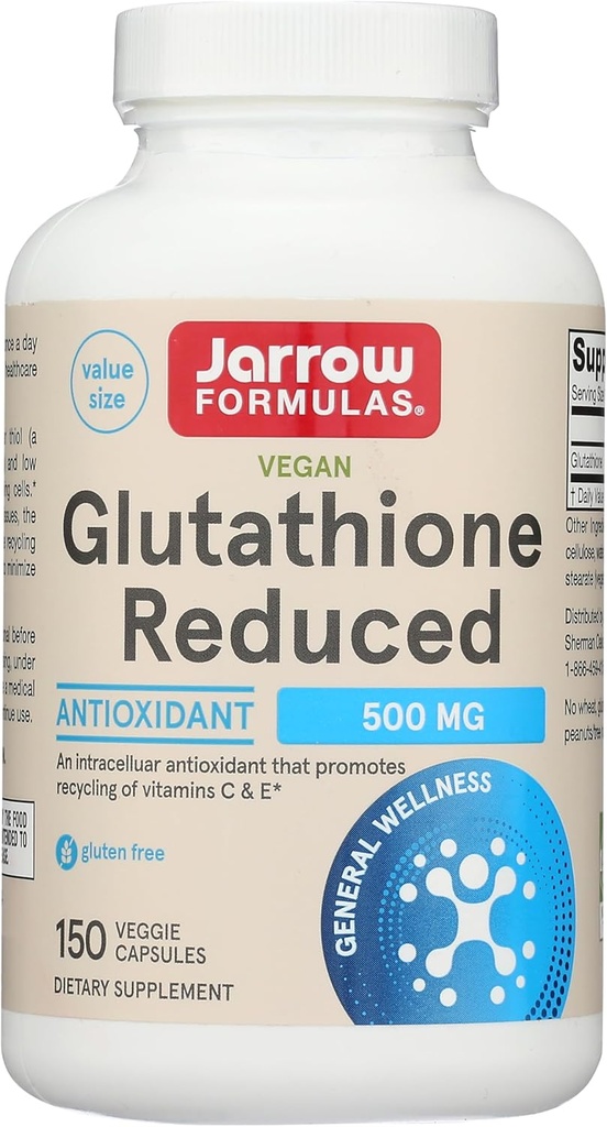 Jarow Formulas Glutathione Μειωμένη 500 mg - 150 Κάψουλες Veggie - Ενδοκυτταρικό Αντιοξειδωτικό - Ποιότητα Συμπληρώματα Γλουταθιονόνης - Υποστηρίζει Ανακύκλωση Βιταμινών C & E - Μη ΓΤΟ - Χωρίς Γλουτένη - Vegan