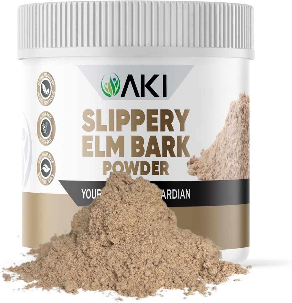 AKI Slippery Elm Bark Powder - Plant-Based Protein, Soothing Remedy for Digestive Wellness & Throat Comfort - Vegan-Friendly, Gluten-Free, Non-GMO & Free from Artificial Additives (4oz/113g)