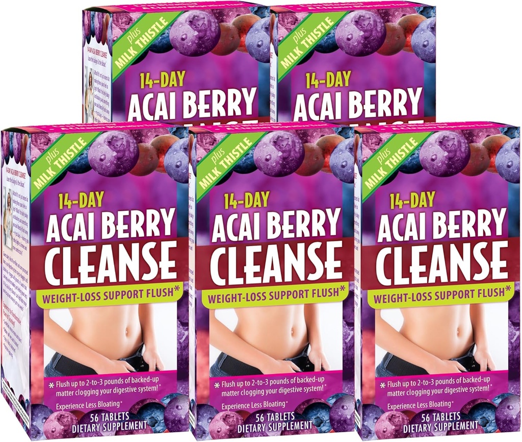 Applied Nutrition 14-Day Acai Berry Cleanse - 56 Tablets, Pack of 5 - Weight-Loss Support Flush + Milk Thistle - 140 Total Servings