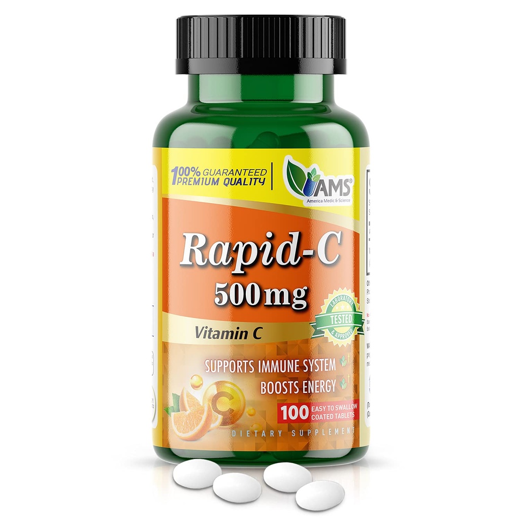 America Medic & Science Rapid-C 500mg Συμπλήρωμα βιταμίνης C (1 συσκευασία των 100 δισκίων) Ενεργειακός ενισχυτής, Καθημερινή υποστήριξη ανοσοποιητικού συστήματος, Αντιοξειδωτικό 
