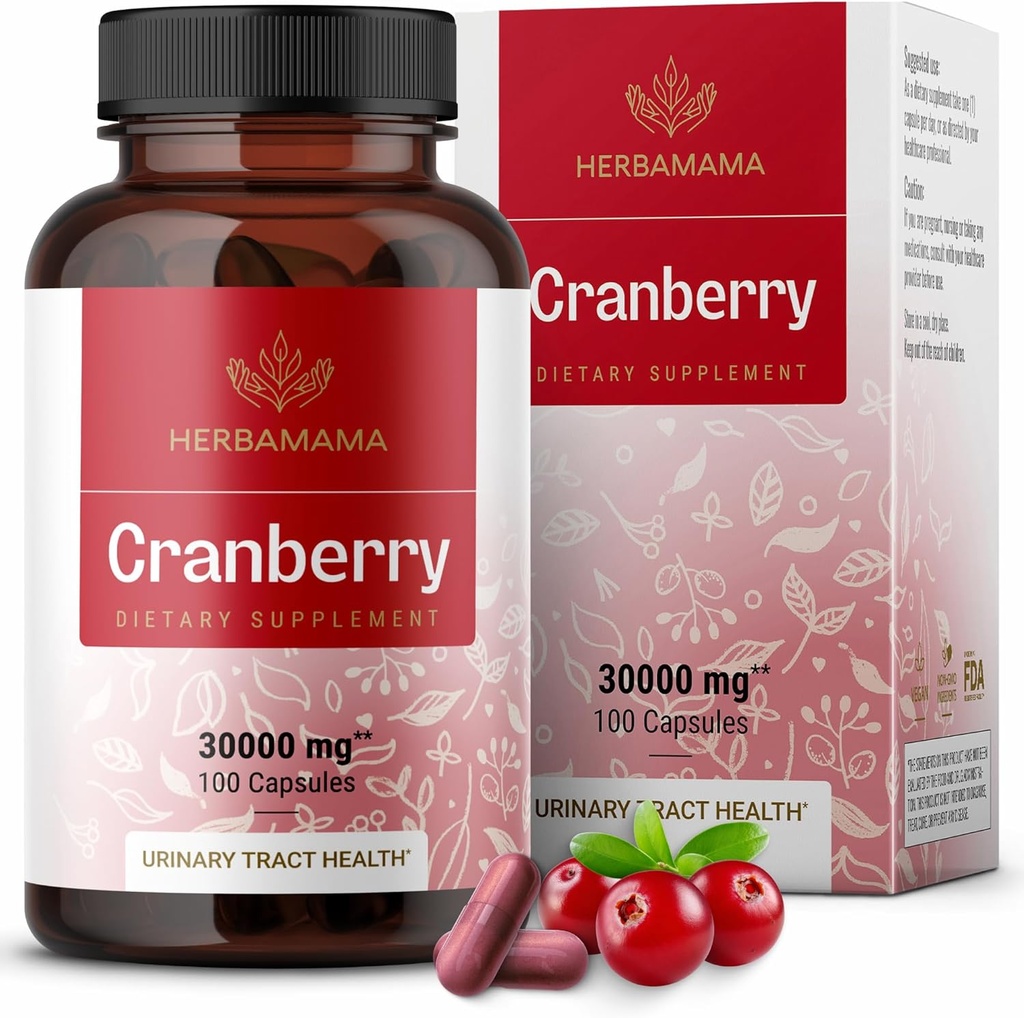 HERBAMAMA Cranberry Extract Capsules - 30,000mg Cranberry Powder for Urinary Tract Support - Vegan, Non-GMO Bladder Support Supplement, 100 Caps