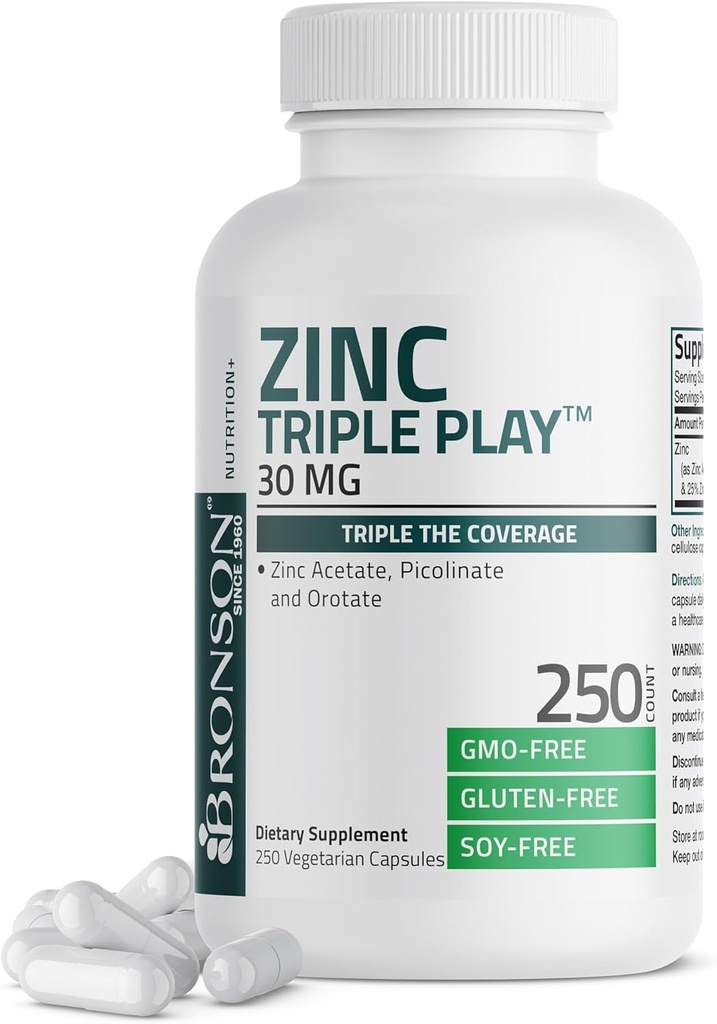 Bronson ψευδάργυρο τριπλό παιχνίδι 30mg τριπλή κάλυψη ανοσοποιητική υποστήριξη με οξικό ψευδάργυρο, Picolinate & Orotate - ανοσοποιητικό, αντιοξειδωτικό & υποστήριξη της υγείας του δέρματος - 250 κάψουλες χορτοφάγων