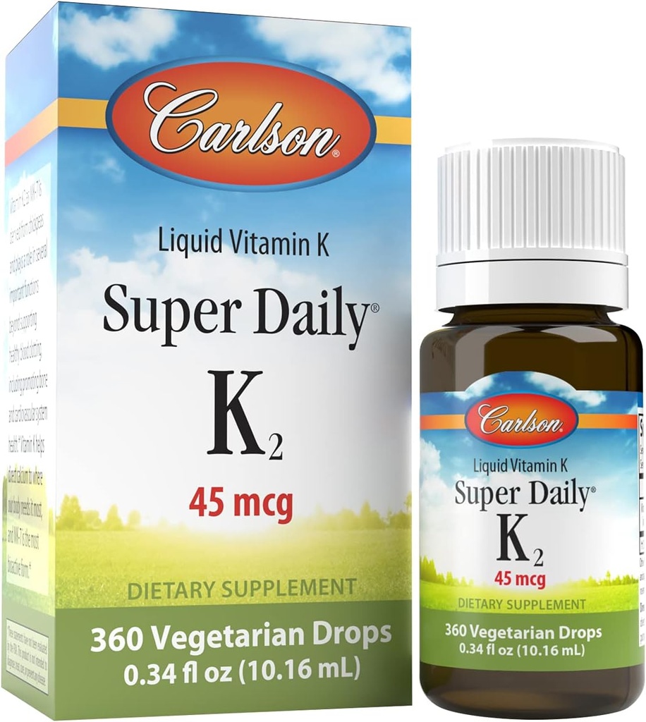 Carlson - Super Daily K2, 45 mcg Υγρή βιταμίνη K, Υγεία των οστών, K2 Βιταμίνη, Συμπλήρωμα βιταμίνης K, Βιταμίνη K-2 MK7, Χωρίς γεύση, 360 σταγόνες (10,16 mL)