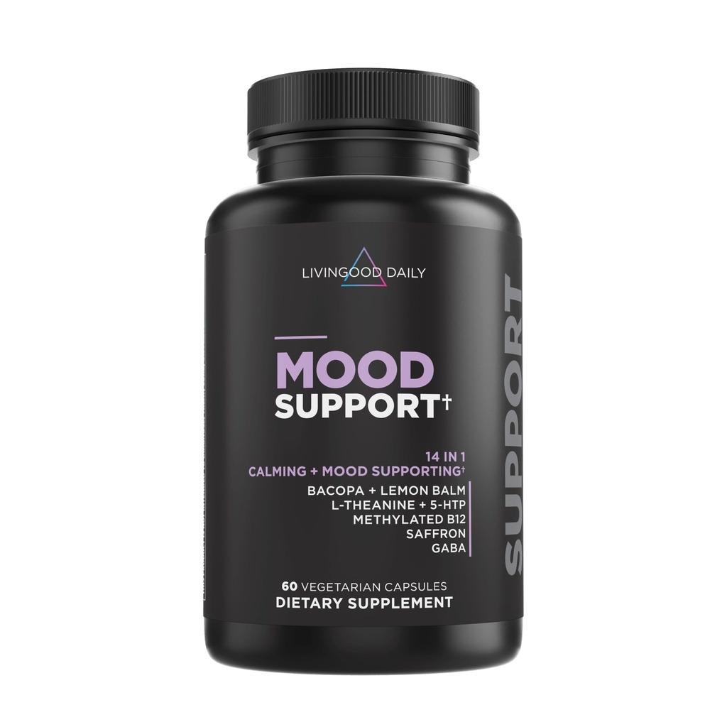Livingood Daily Mood Support Supplement for Women & Men, 14-in-1 Formula with L Theanine, Lemon Balm, GABA, Saffron, 5-HTP & B12, Υποστηρίζει Εστίαση & Συναισθηματική ευεξία, Χωρίς γλουτένη, Vegan, 60 κάψουλες