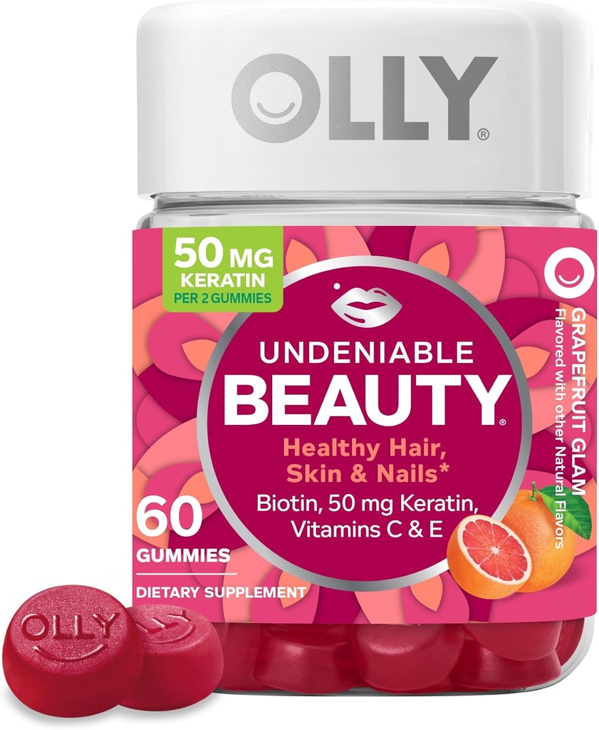 OLLY Undesiable Gummy ομορφιάς, για τα μαλλιά, δέρμα, νύχια, βιοτίνη, βιταμίνη C, κερατίνη, Chewable συμπλήρωμα, Grapefruit, 30 ημέρα προσφοράς - 60 Count