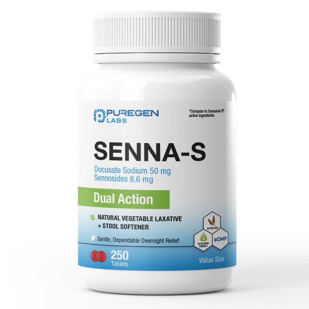 Puregen Labs Senna-S Φυσικό Λαξευτικό λαχανικών Plus Αποσκληρυντής σκουληκιών Διπλή Δράση - 250 δισκία Senna Plus 