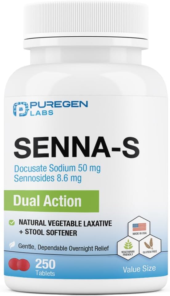 Puregen Labs Senna-S Φυσικό Λαξευτικό λαχανικών Plus Αποσκληρυντής σκουληκιών Διπλή Δράση - 250 δισκία Senna Plus 