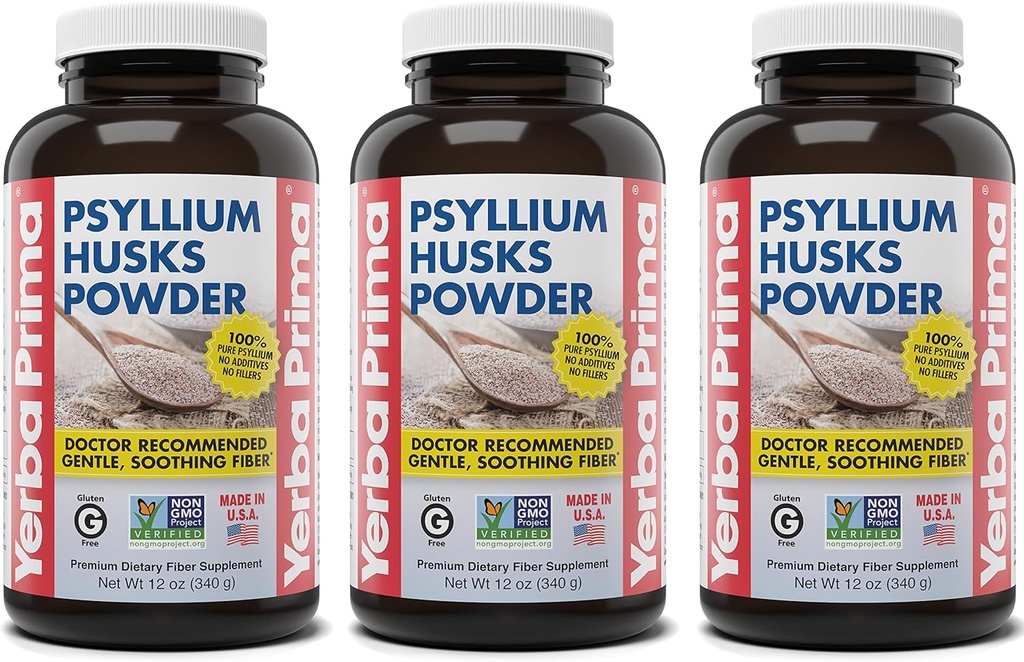 Yerba Prima Psyllium Husks Powder - 12 oz (Pack of 3) - Φυσικό συμπλήρωμα ινών - Καθαρισμός του παχέος εντέρου - Vegan, μη ΓΤΟ, Χωρίς γλουτένη (New Label - Συσκευασία May Vary)