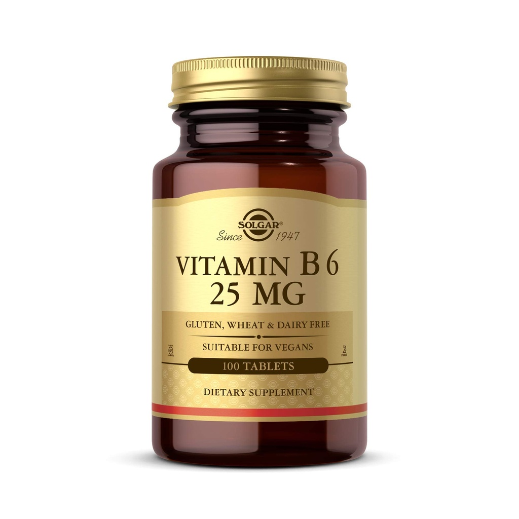Solgar Vitamin B6 25 mg, 100 Tablets - Υποστηρίζει τον Ενεργειακό Μεταβολισμό, την Υγεία της Καρδιάς & το Υγιεινό Νευρικό Σύστημα - B Complex Supplement - Vegan, Gluten Free, Dairy Free, Kosher - 100 Servings