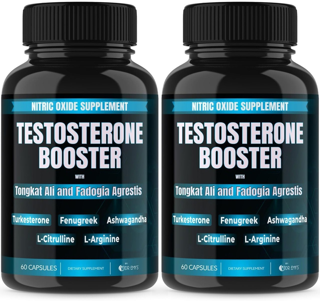 Dr. Emy's (2 Pack Testosterone Booster-Tongkat Ali Fadogia Agrestis Nitric Oxide Ashwagandha συμπλήρωμα για τους άνδρες με L Arginine Citrulline Fenugreek - Turkesterone Προ προπόνηση αντλία (120 κάψουλες)