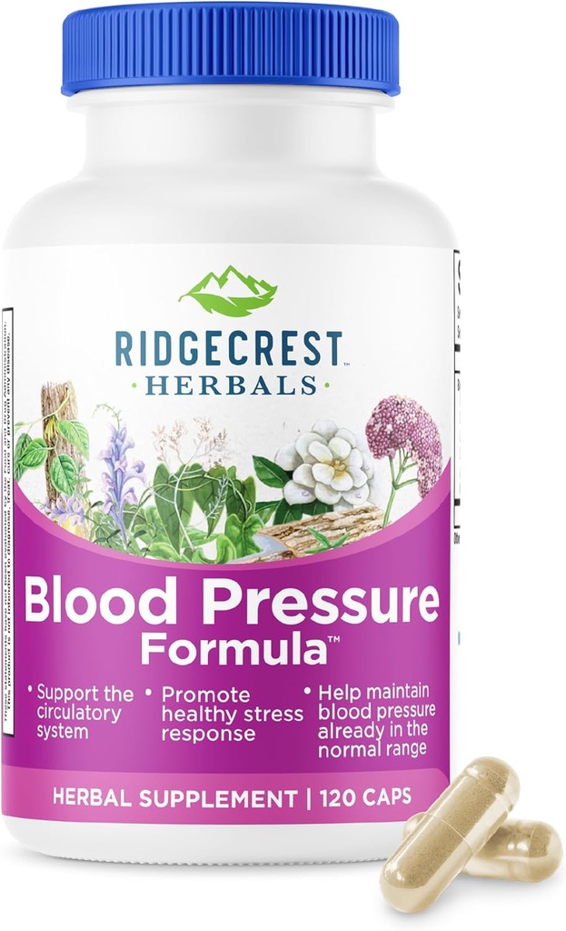 RidgeCrest Herbals Blood Pressure Herbal Formula, 12 Herbs, Poria Mushroom, Gastrodia, Gardenia, for Heart, Vascular, Circulation Health (120 Count)