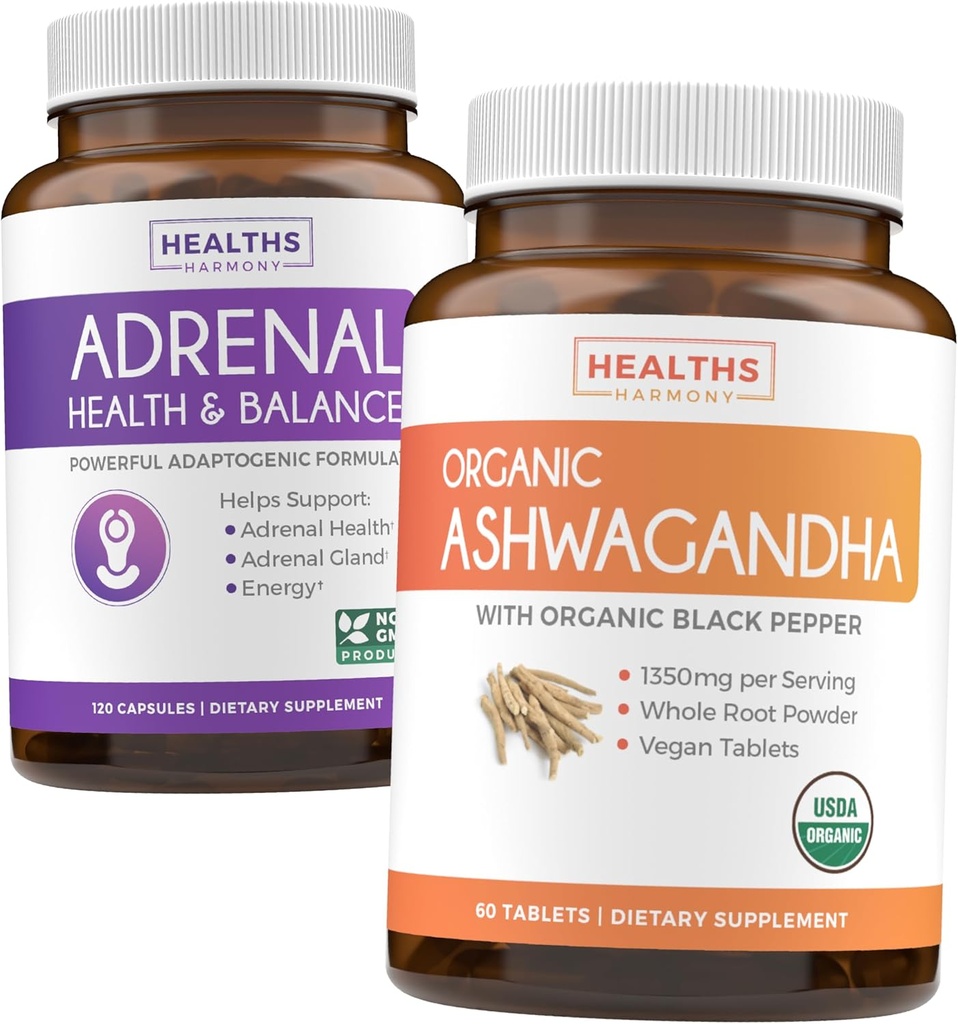 Adrenal & Ashwagandha (1-Month Supply) Calm & Energize Bundle - Adrenal Support with L-Tyrosine (120 Κάψουλες) & USDA Organic Ashwagandha 1350mg Ashwagandha Root Powder per Served (60 Κάψουλες)