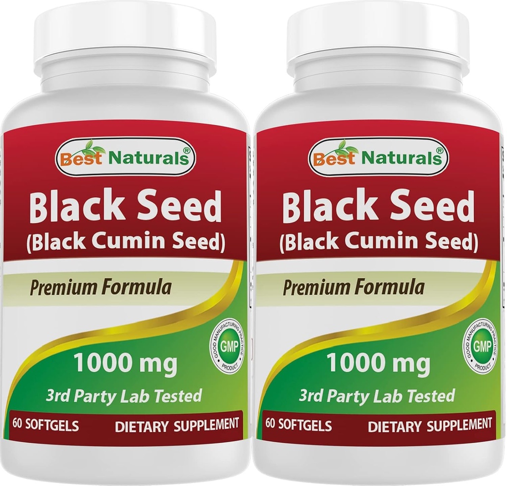 Best Naturals 2 συσκευασίες Μαύρο λάδι σπόρων κάψουλες 1000 mg (Non-GMO) Nigella Sativa - 100% κρύο πιεσμένο μαύρο λάδι σπόρων κύμινου χάπια περιέχει Thymoquinooe 60 κόμη (Σύνολο 120 Softgels)
