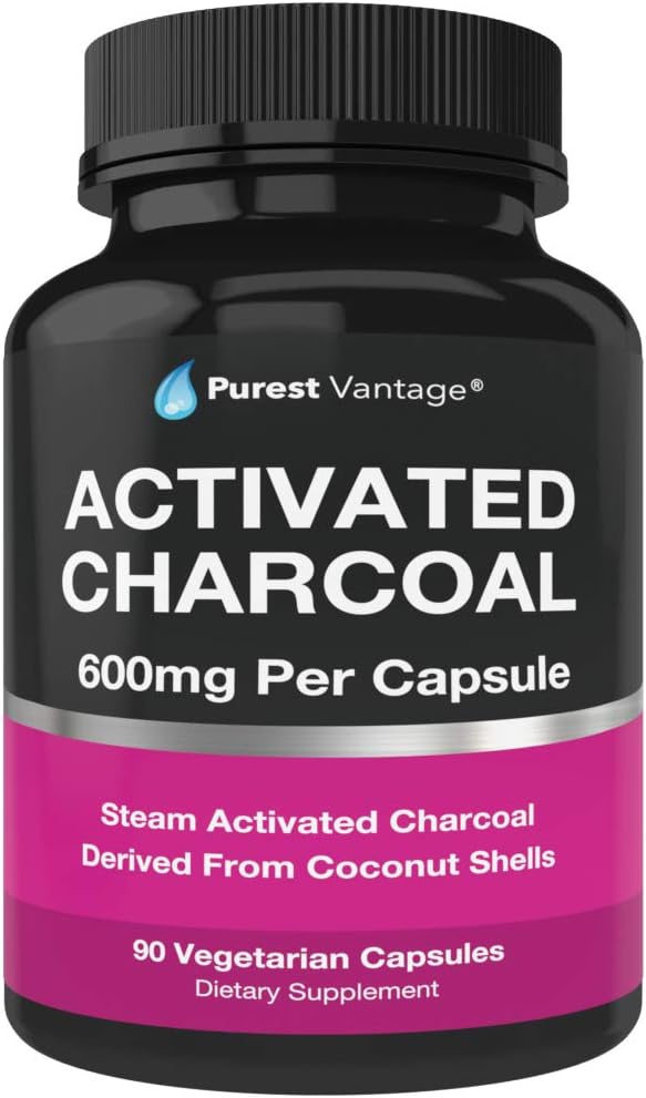Pure Organic Activated Charcoal Capsules - 600mg per Capsule, 90 Vegetarian Capsules