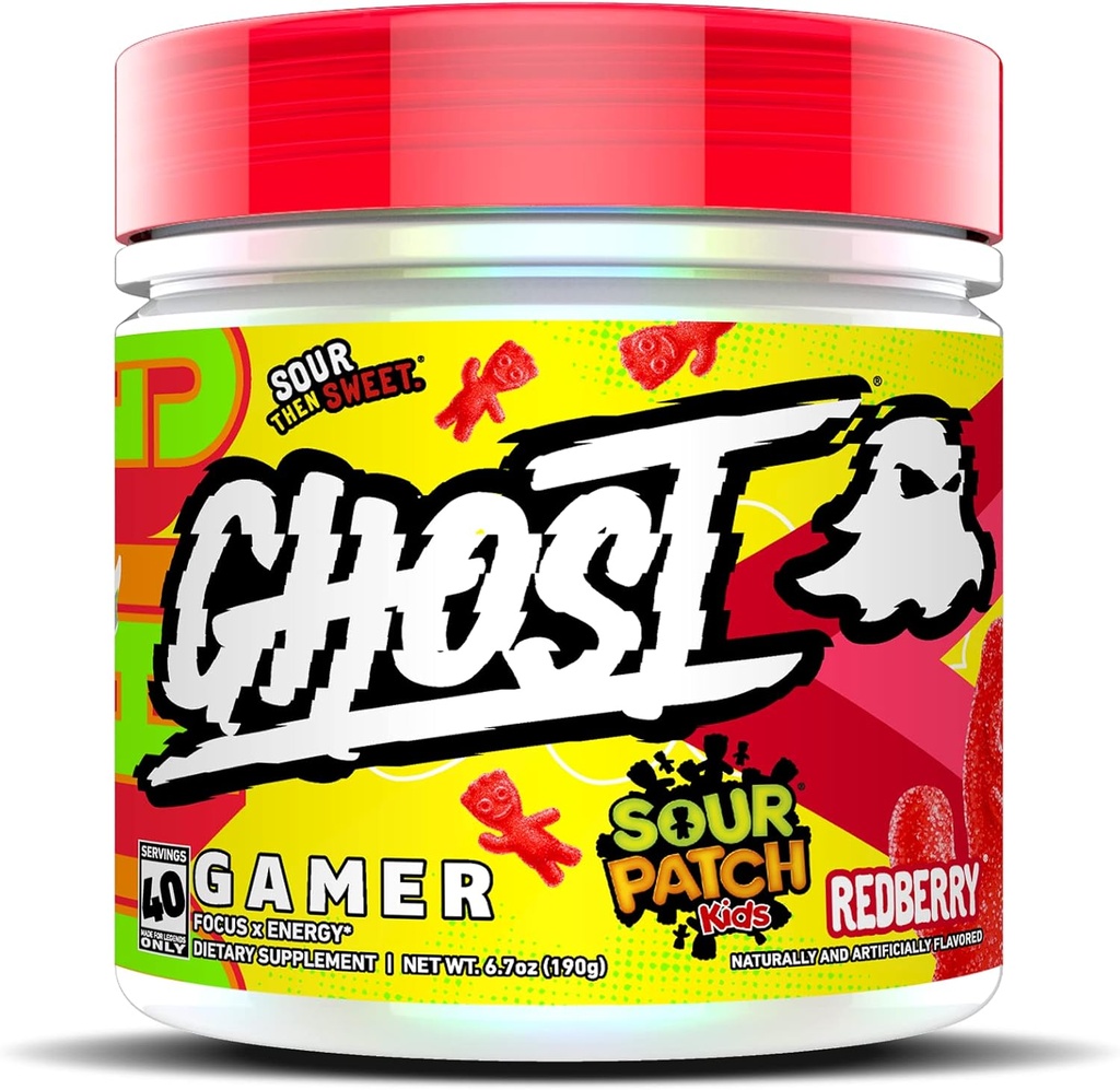 GHOST Gamer: Ενέργεια και Focus Υποστήριξη Φόρμουλα - 40 εξυπηρετούν, Sour Patch Kids Redberry - Nootropics & Φυσική καφεΐνη για την προσοχή, Ακρίβεια & Χρόνος αντίδρασης - Vegan, Χωρίς γλουτένη