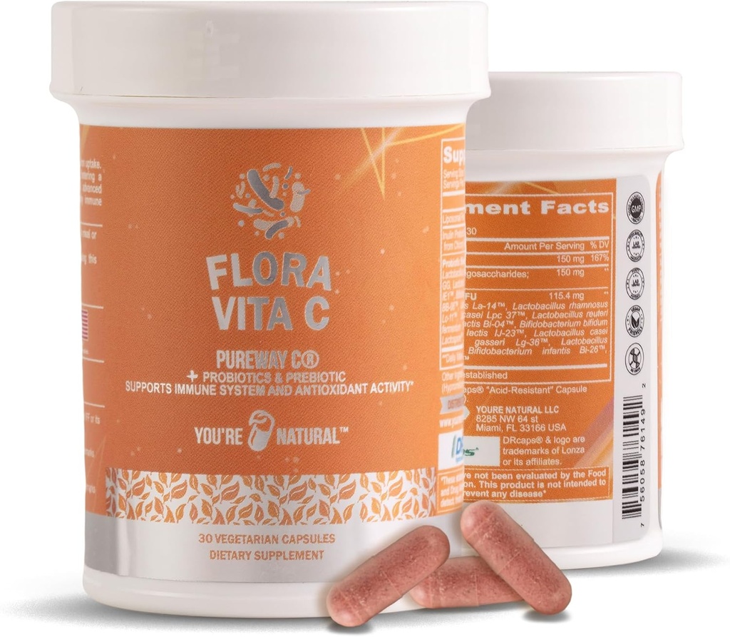 Flora Vita C Probiotic & Antioxidant, Liposomal Pureway C, Immune Support, Collagen Booster Plus Digestive & Gut Support for Women & Men - Lactobacillus and 12 Registered Probiotics - 30 Day Supply