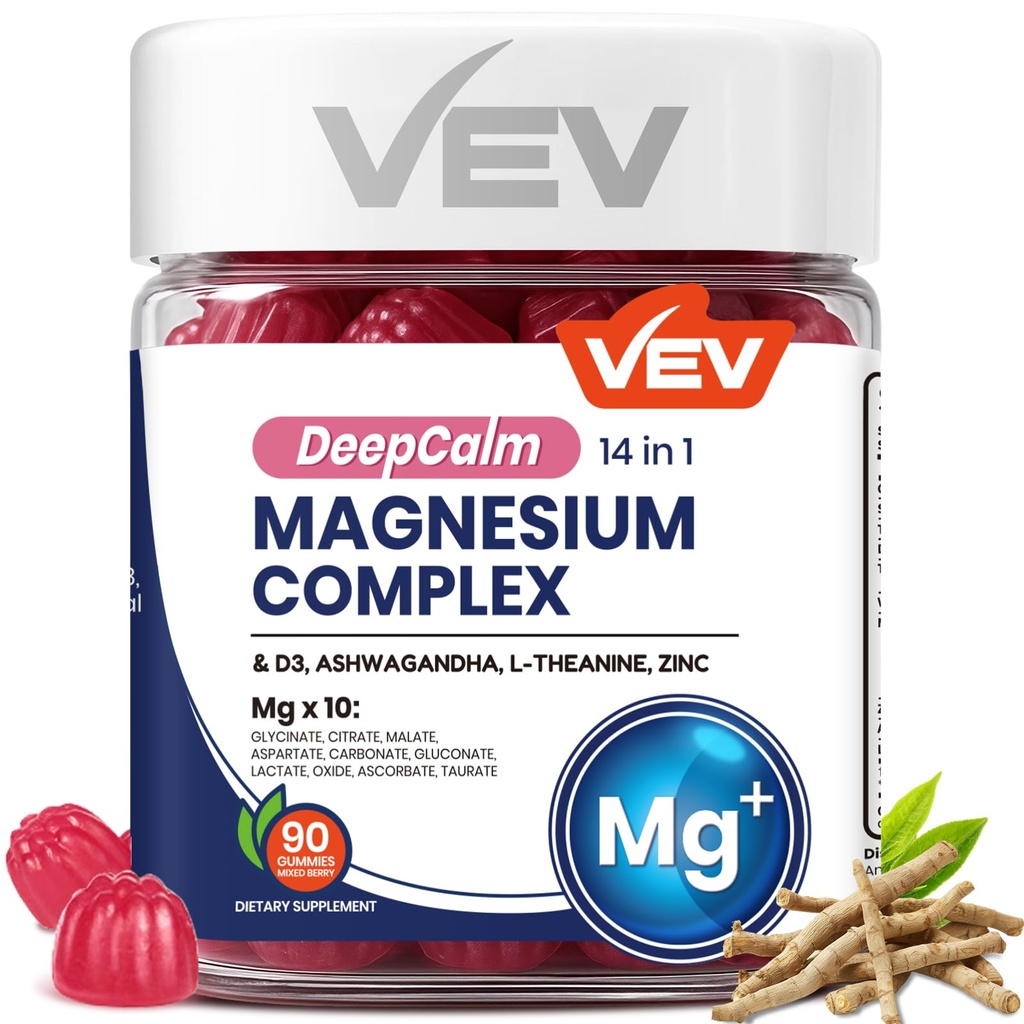 VEV Magnesium Complex DeepCalm 14-in-1 Gummies – με Ashwagandha, L-Θεανίνη, D3 & ψευδάργυρο – Cortisol Συμπληρώματα για τις γυναίκες – 90 Όχι Προστιθέμενη ζάχαρη Vegan Μαγνήσιο Glycinate Complex Gummies