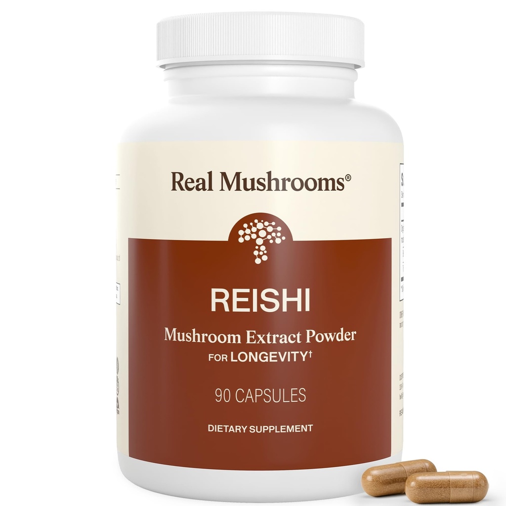 Real Mushrooms Reishi Mushroom Capses - Picked Organic Mushroom Extracts - Red Reishi for Tranquil Daily Wellness with Επαληθευμένο Beta Glucans Vegan, Non-GMO, No Grain Fillers, 90 ct