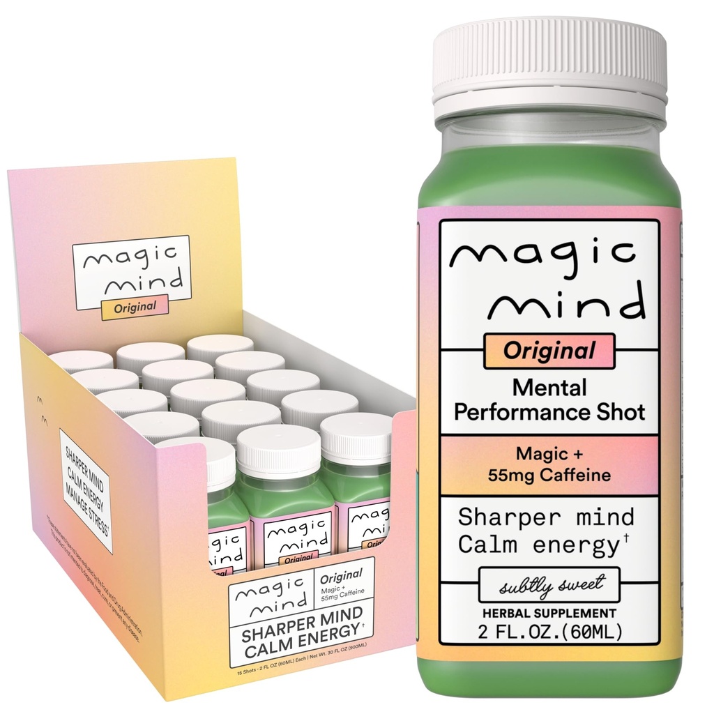 Magic Mind Energy and Focus Drink Shots - Άγχος Ανακουφίζοντας, Δεν Jitters, Ashwagandha, Βιταμίνη B12, Βιταμίνη C, Μάτσα Πράσινο Τσάι, Λειτουργικά Μανιτάρια - 2 FL Oz (15 Pack)