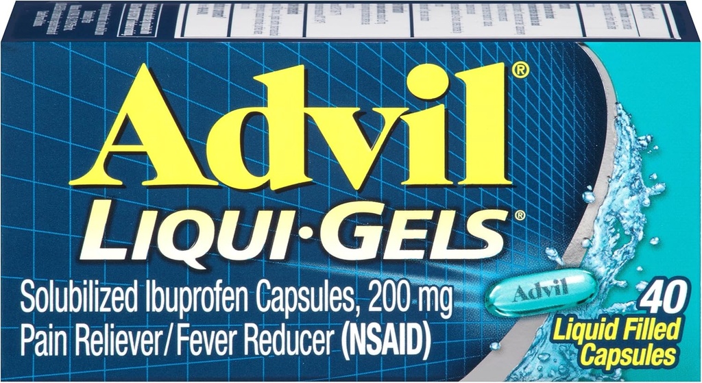 Advil Liqui-Gels Πόνος Αναπνευστήρας και πυρετός Μειωτής, Πόνος Ιατρική για Ενήλικες Με Ibuprofen 200mg Για Πονοκέφαλο, Πλάγιος Πόνος, Εμμηνορρυσιακός Πόνος και Ανακουφιστικός Πόνου - 40 Υγρά Καψάκια Γεμάτα