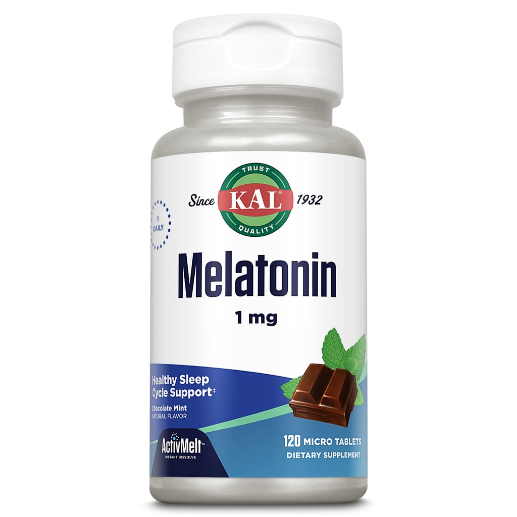 KAL Melatonin 1mg Sleep Aid, Melatonin συμπλήρωμα υποστηρίζει την ηρεμία χαλάρωση και έναν υγιή κύκλο ύπνου, γρήγορη διάλυση ActivMelts, φυσική γεύση μέντας σοκολάτας, χορτοφάγους, 120 Serv, 120 micro Tabs