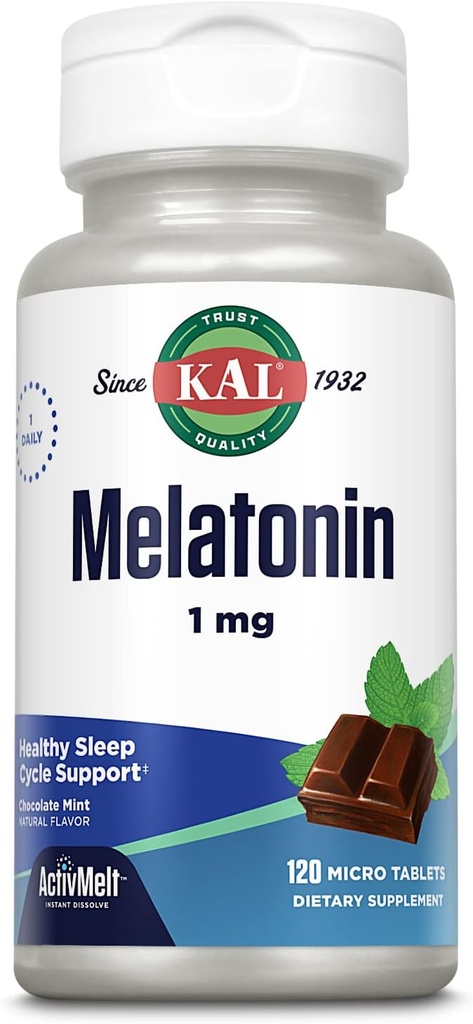 KAL Melatonin 1mg Sleep Aid, Melatonin συμπλήρωμα υποστηρίζει την ηρεμία χαλάρωση και έναν υγιή κύκλο ύπνου, γρήγορη διάλυση ActivMelts, φυσική γεύση μέντας σοκολάτας, χορτοφάγους, 120 Serv, 120 micro Tabs