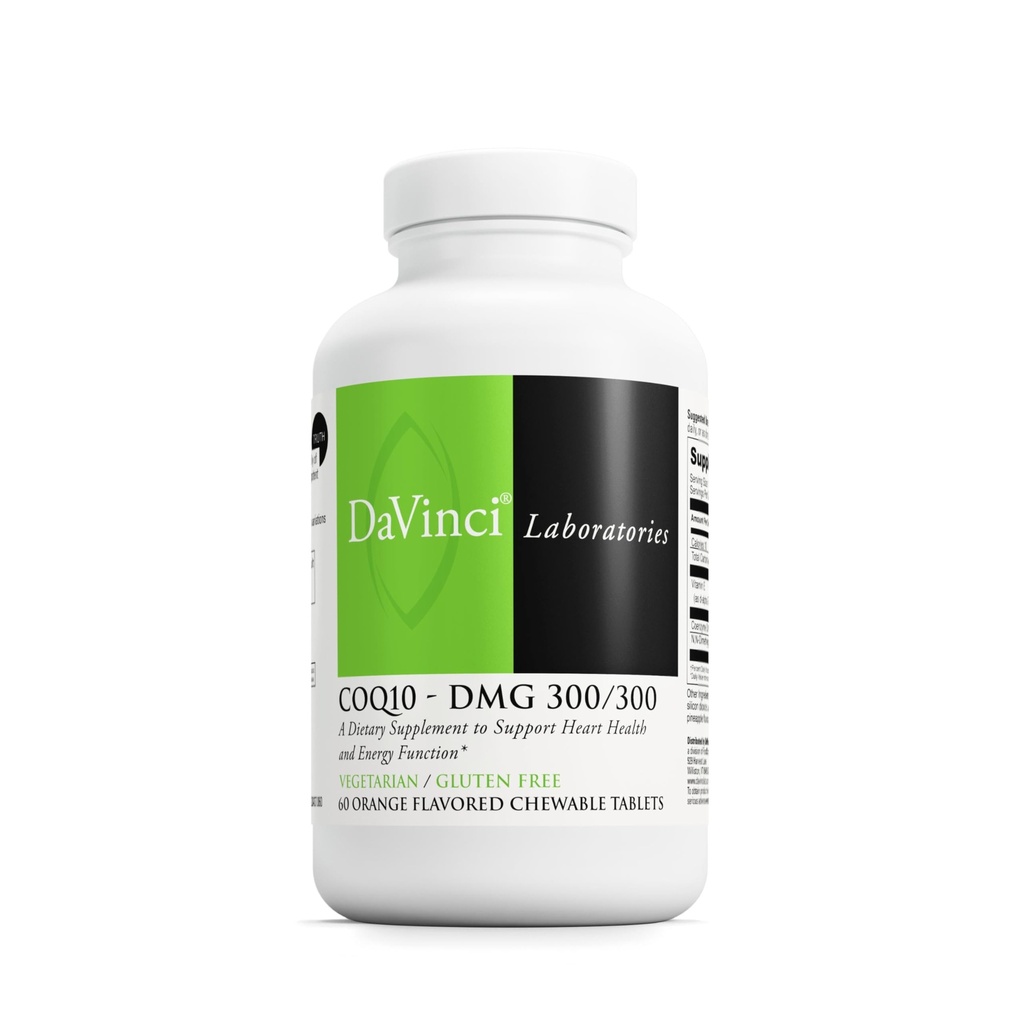 DAVINCI Labs CoQ10 - DMG 300/300 - Υποστηρίζει την υγεία της καρδιάς και τη λειτουργία της ενέργειας* - Συμπλήρωμα διατροφής με συνένζυμο Q10 & βιταμίνη Ε - χορτοφαγικά - Χωρίς γλουτένη - 60 δισκία Μασώμενα με γεύση πορτοκάλι