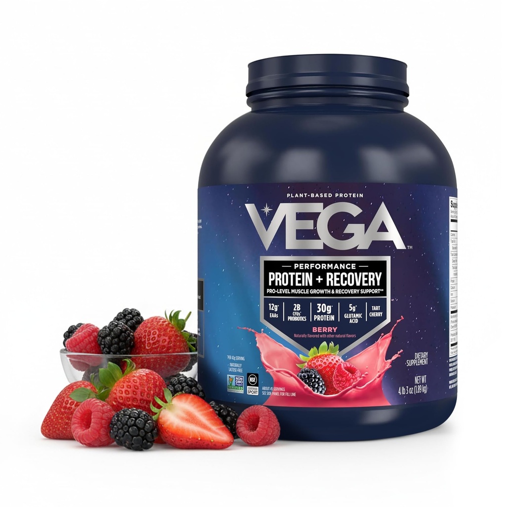 Vega Sport Vegan Protein Powder + Recovery - 30g φυτικής πρωτεΐνης ανά υπηρεσία, Berry, 45 υπηρεσίες, 5g BCAAs, Probiotics, NSF Certified, For Shakes & Smoothies, 4.2lbs (Packaging May Vary)