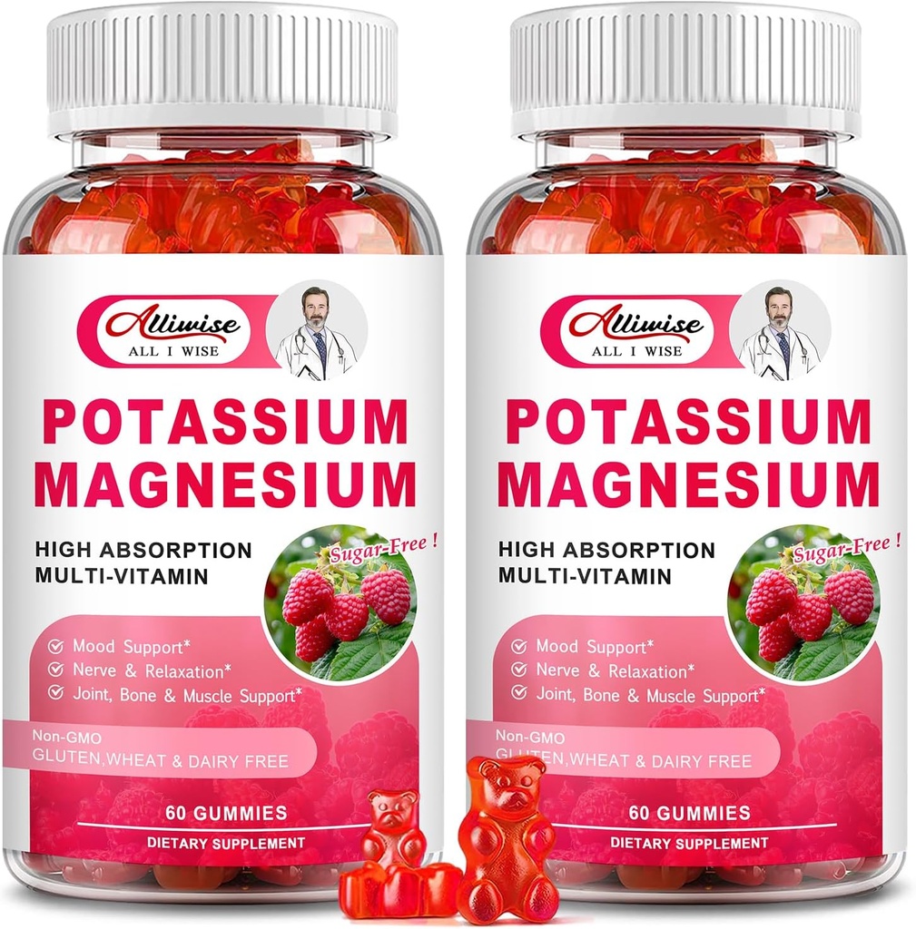 2 Pack Κάλιο Συμπληρώματα Μαγνησίου Gummies - Κιτρικό κάλιο & Γλυκινικό μαγνήσιο για το πόδι Cramps & μυών, Mood & Relaxation, Ενεργειακή Υποστήριξη με βιταμίνη Β6, D3, C Βατόμουρο Γεύση