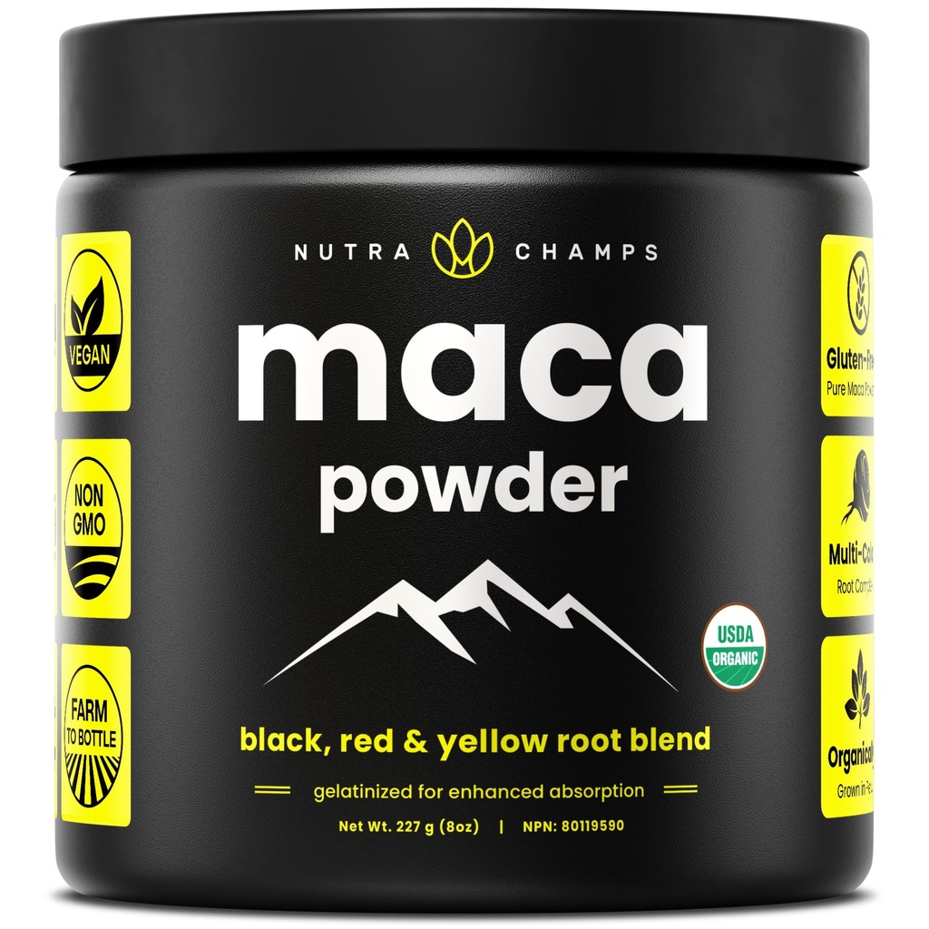 Βιολογική σκόνη Maca - Περουβιανή Grown Maca Blend με κίτρινες, μαύρες και κόκκινες ρίζες - Ζελατινοποιημένο για την ανώτερη βιοδιαθεσιμότητα - Φυσικό, Vegan & μη-GMO, 8oz