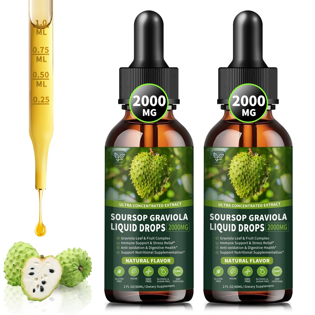 (2 Pack) Soursop Graviola Liquid Drops 2000mg, 98% Absorption for Cell Support & Regeneration, Immune Boost, Liver, Herbal Goodness, Soursop Bitters Liquid-Sugar/Gluten Free, Natural Flavor, 4 Fl Oz
