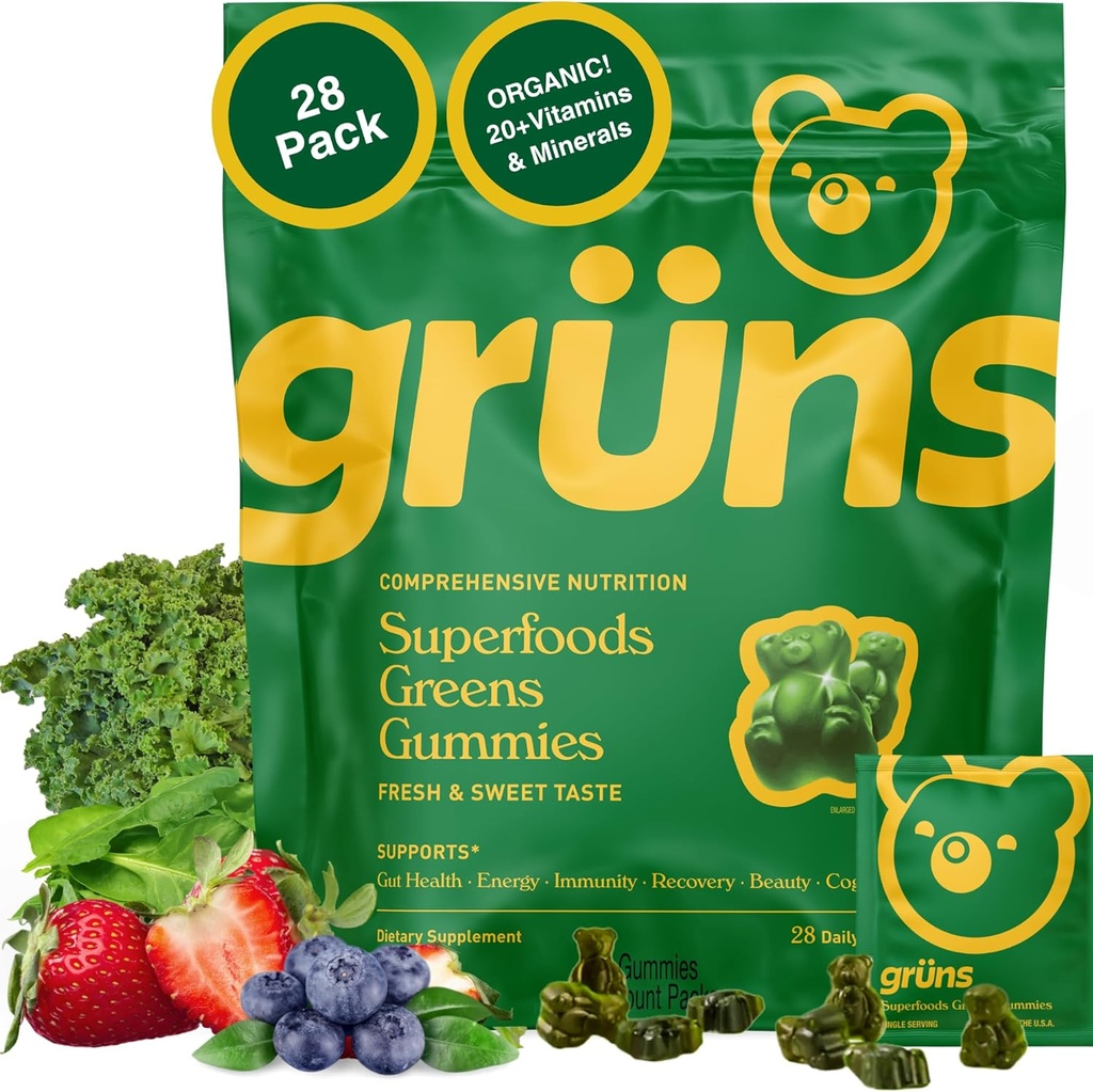 Gruns Adults Super Greens Multivitamin Gummies, Superfood Vitamin Gummy Bears with Spirulina, Chlorella, Prebiotic Fiber for Digestive Health, Adaptogens Supplement, 20 Vitamins & Minerals, 28 Count