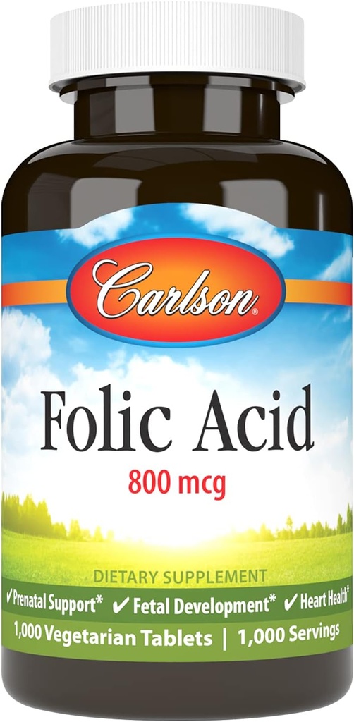 Carlson - Φολικό οξύ, 800 mcg, παρέχει σημαντική προγεννητική υποστήριξη, 1000 δισκία