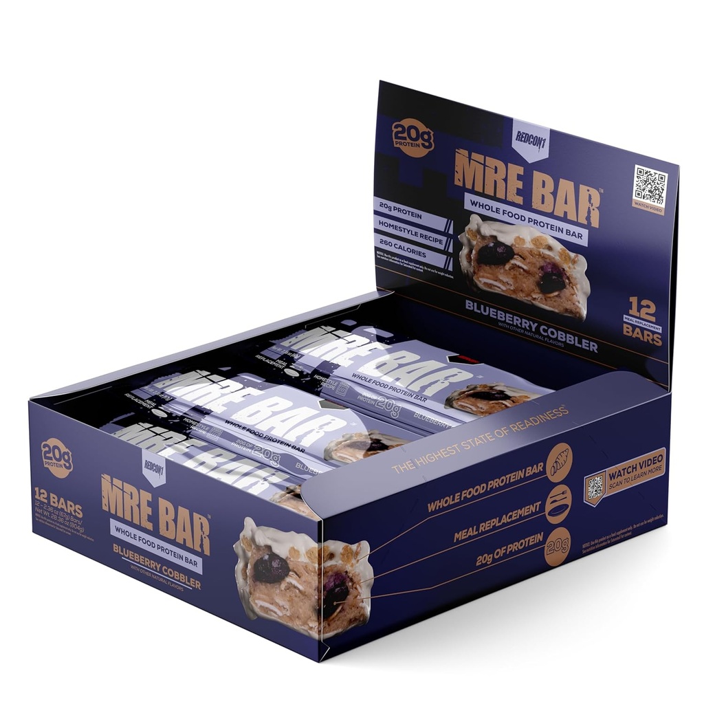 REDCON1 MRE Protein Bar, Blueberry Cobbler - Περιέχει MCT Oil + 20g ολόκληρων πρωτεϊνών τροφίμων - Εύκολα Digestible, Macro ισορροπημένη γραμμή αντικατάστασης γεύματος χαμηλής ζάχαρης (12 Bars)