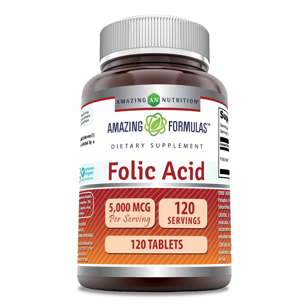 Amazing Formulas Folic Acid 5000 Mcg per Serving | Tablets Supplement | Non-GMO | Gluten-Free | Made in USA (1 Pack | 120 Count)