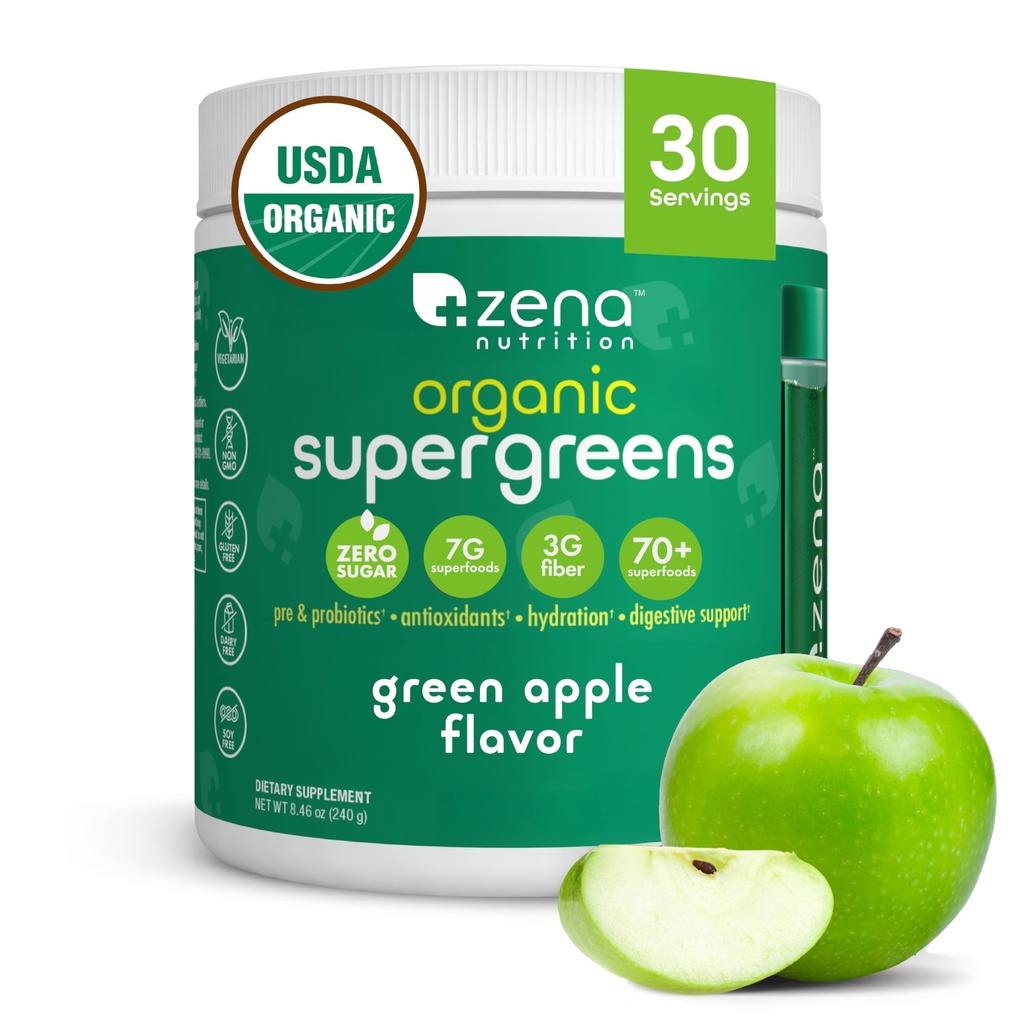 Zena Nutrition Organic Super Greens Powder, 70+ Superfoods, 0 Sugar, 3G Fiber, Spirulina, Chlorella, Μανιτάρια, Πρεβιοτικά/Προβιοτικά, Digestive Enzymes for Gut Health, Green Apple, 30 Services