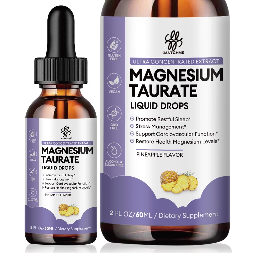 Μαγνήσιο Taurate Liquid Drop για τη λειτουργία των μυών, Nerve και την υποστήριξη της υγείας της καρδιάς, συμπλήρωμα μαγνησίου υψηλής απορρόφησης με B6, CoQ10, Vegan, μη-GMO, Γλουτένη / Χωρίς ζάχαρη γεύση ανανά, 2 Fl Oz
