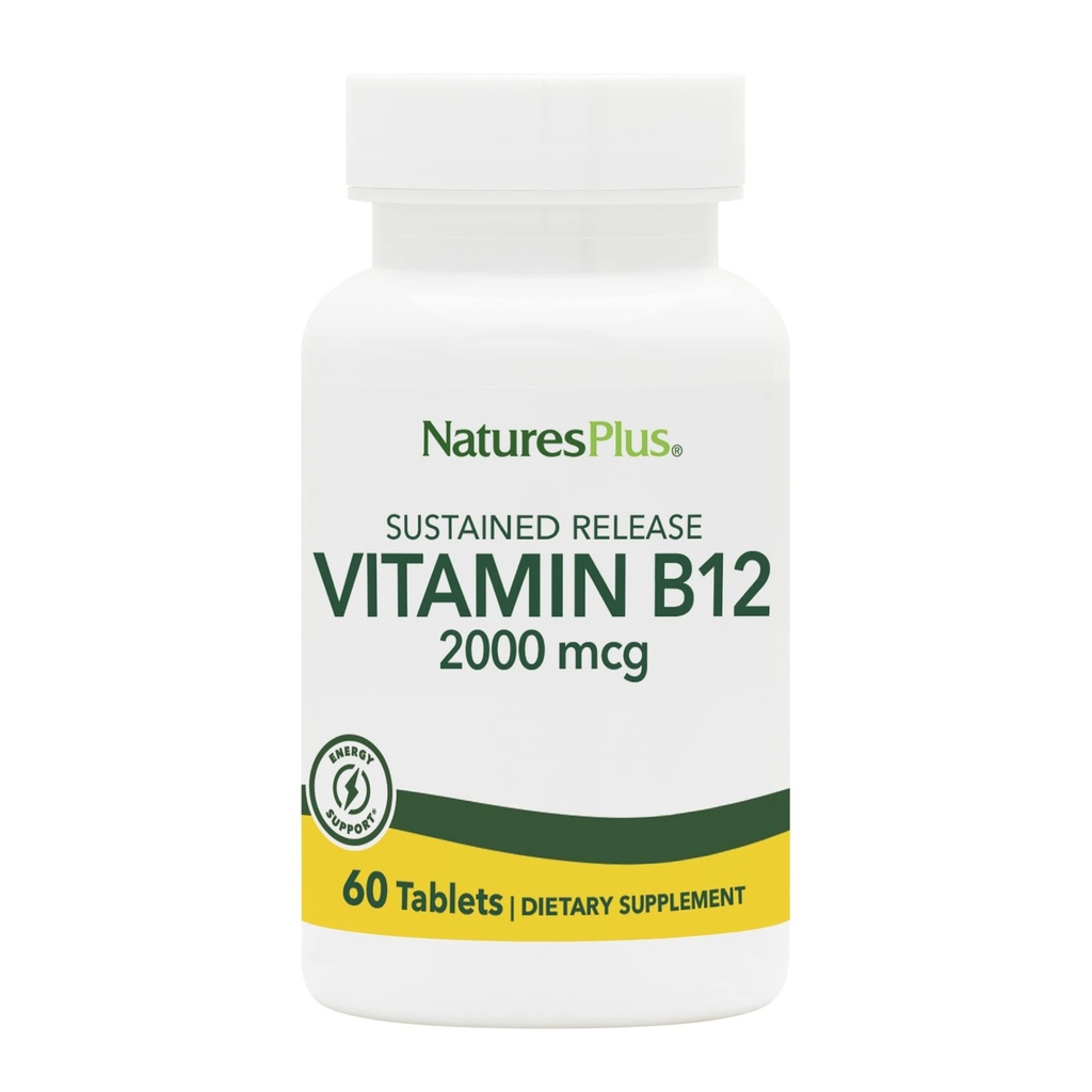Natures Plus Vitamin B12 (Methylcobalamin), Παρατεταμένη κυκλοφορία - 2000 mcg, 60 χορτοφαγικά δισκία - Υψηλής ισχύος υποστήριξη ερυθρών αιμοσφαιρίων - Φυσικό ενισχυτή ενέργειας - Χωρίς γλουτένη - 60 εξυπηρετήσεις