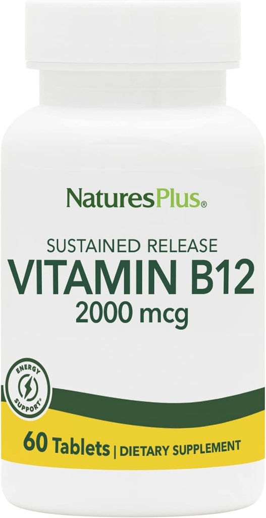 Natures Plus Vitamin B12 (Methylcobalamin), Παρατεταμένη κυκλοφορία - 2000 mcg, 60 χορτοφαγικά δισκία - Υψηλής ισχύος υποστήριξη ερυθρών αιμοσφαιρίων - Φυσικό ενισχυτή ενέργειας - Χωρίς γλουτένη - 60 εξυπηρετήσεις
