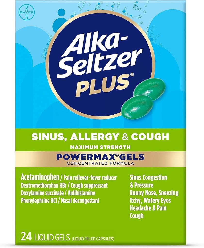 Alka-Seltzer Plus Μέγιστη Δύναμη Δύναμη Max Sinus, Αλλεργία και Θεραπεία για Ενήλικες και Παιδιά 12 Χρόνια και Μεγαλύτερα - Ανακουφίζει τα συμπτώματα από Αλλεργίες, Ψυχρά ή Πυρετός Hay, 24 Count