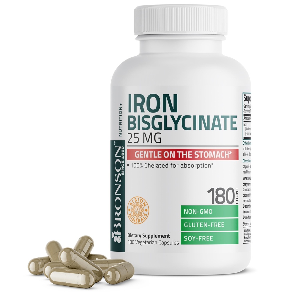 Bronson Iron Bisglycinate 25 mg Gentle on The Stomach, υποστηρίζει την ενέργεια & υγιής παραγωγή ερυθρών κυττάρων αίματος - μη-συντηρητική φόρμουλα - μη ΓΤΟ, 180 κάψουλες χορτοφάγων